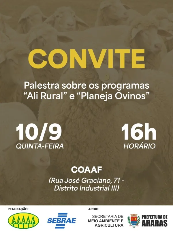 Jaime Fernando Reis Martins - Economia - Cooperativa de apicultores de Araras e Sebrae levam ao Distrito Industrial ciclo de palestras sobre inovação rural e criação de ovinos; programa ALI Rural é gratuito para pequenos produtores