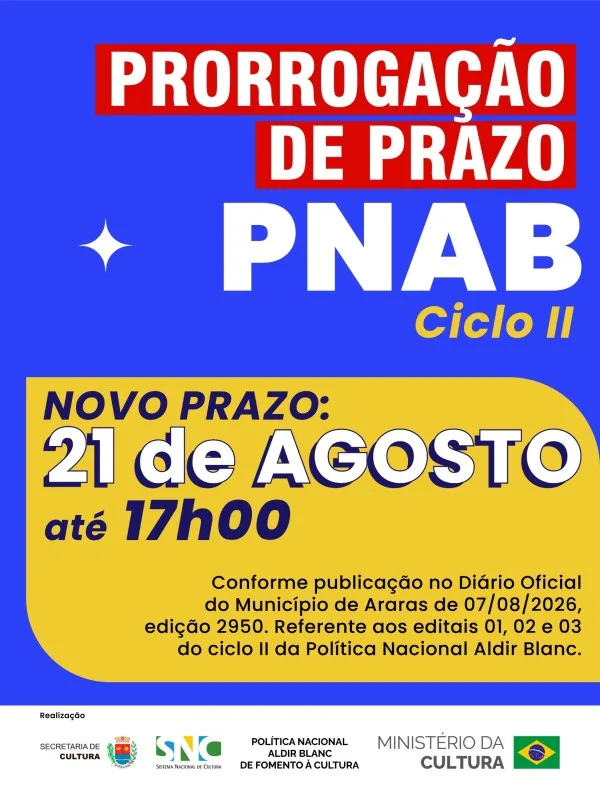 Jaime Fernando Reis Martins - Economia - PNAB 2026 em Araras: edital seleciona 30 projetos culturais de R$ 5 mil a R$ 20 mil e subsidia espaços artísticos; resultado preliminar sai em 8 de setembro e contratos são assinados em outubro