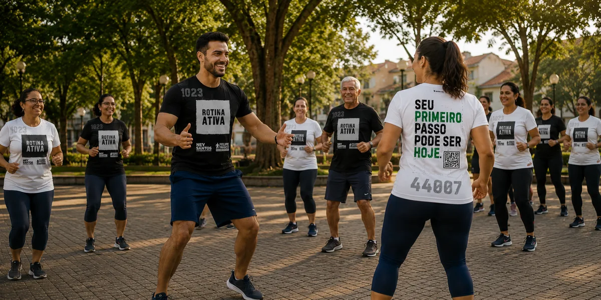 Imagem de divulgação do Rotina Ativa com atividade em grupo ao ar livre.
